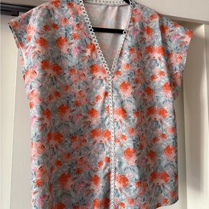 Source Unknown Floral V-Neck Blouse - Orange and Pink